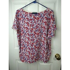 Lauren Ralph Lauren Woman M Blouse Red Floral Cap Sleeve Patriotic Cottage Core